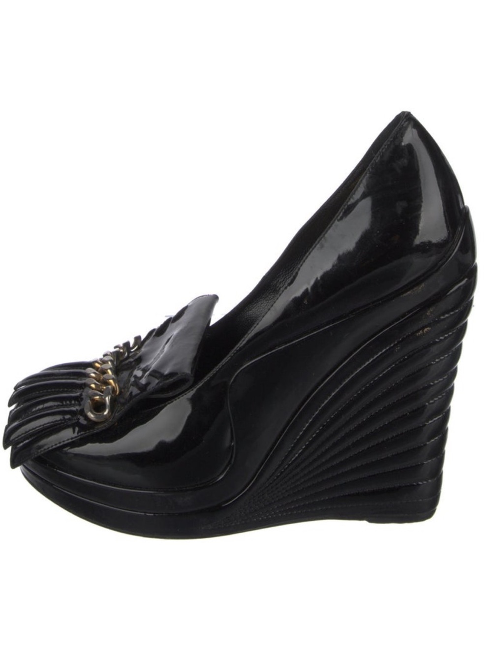 Yves Saint Laurent Black Patent Wedge Pumps with Fringe and Chain